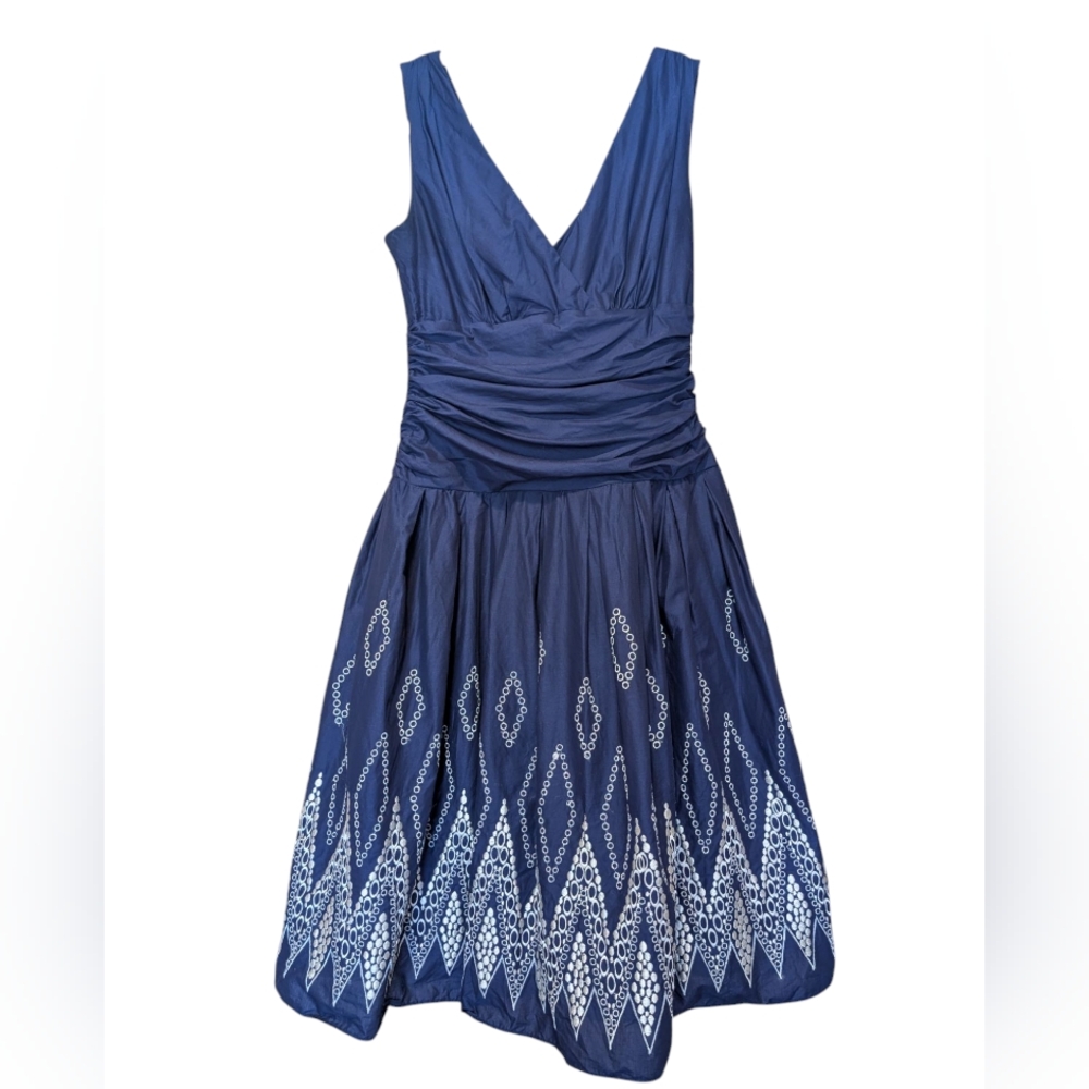 S.L. Fashions Sleeveless Gathered Navy And White Embroidered Full Skirted Dress6